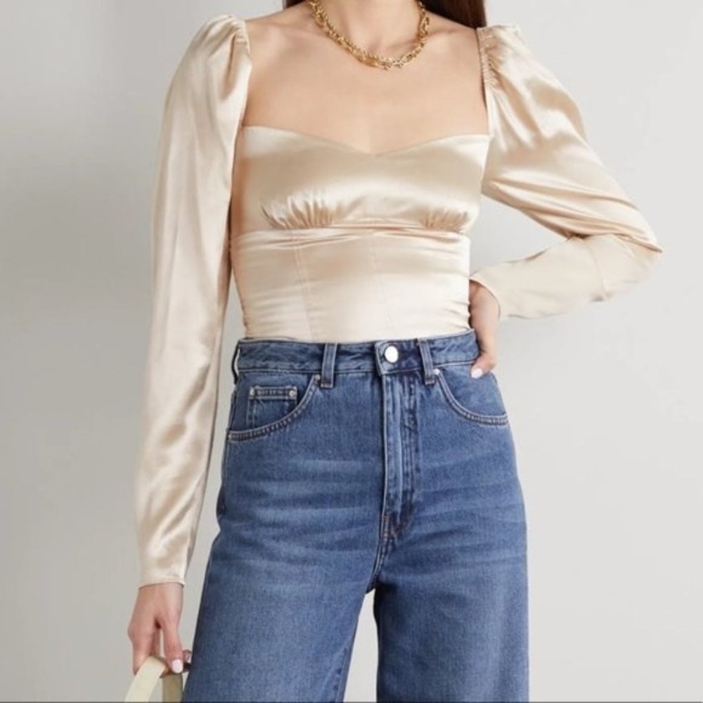 Reformation Roe Shirred Satin Silk Gold Champagne Blouse Top US 8| Medium